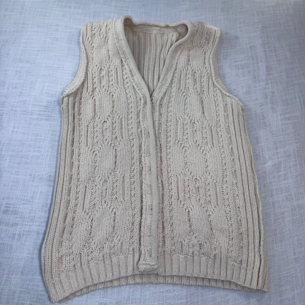 VTG Eddie Bauer Cable Knit Cardigan Vest Women L Cream Fisherman Preppy Coastal - Picture 15 of 15